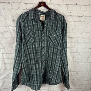 Levi's grey black plaid western pearl snap Shirt sz XXL cotton blend festival